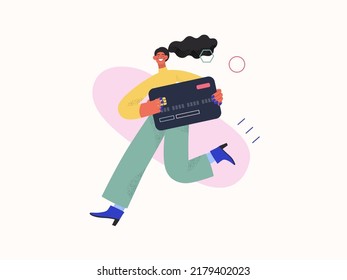 Online payment - Online shopping and electronic commerce series - modern flat vector concept illustration of a young woman holding the credit card. Promotion, discounts, sale and online orders concept