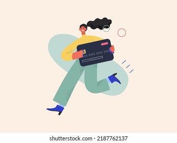Pago en línea - Serie de compras en línea y comercio electrónico - moderna ilustración del concepto de vector plano de una mujer joven que tiene la tarjeta de crédito. Concepto de promoción, descuentos, ventas y pedidos online