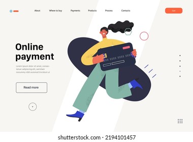 Online payment - Online shopping and electronic commerce web template - modern flat vector concept illustration of young woman holding credit card. Promotion, discounts, sale and online orders