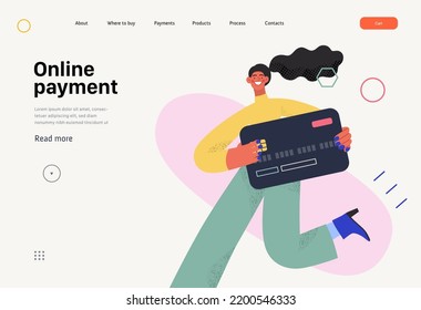 Online payment - Online shopping and electronic commerce web template - modern flat vector concept illustration of young woman holding credit card. Promotion, discounts, sale and online orders concept