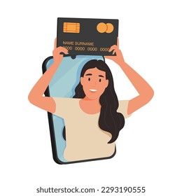 Online-Zahlung - Online-Shopping und E-Commerce-Web-Vorlage - moderne, flache Vektorgrafik von jungen Frauen, die Kreditkarte halten. Konzept der Verkaufsförderung, Rabatte, des Verkaufs und der Online-Bestellungen