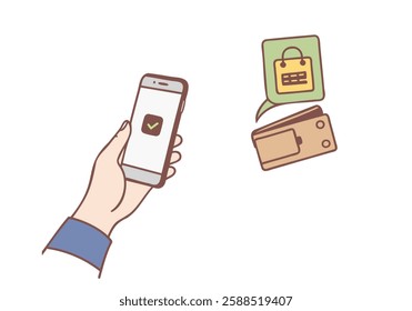 Online payment, shopping, mobile phone concept. Paying by credit card wirelessly through banking app. Human hand holding smartphone confirm purchase.
Hand drawn style vector design illustrations.