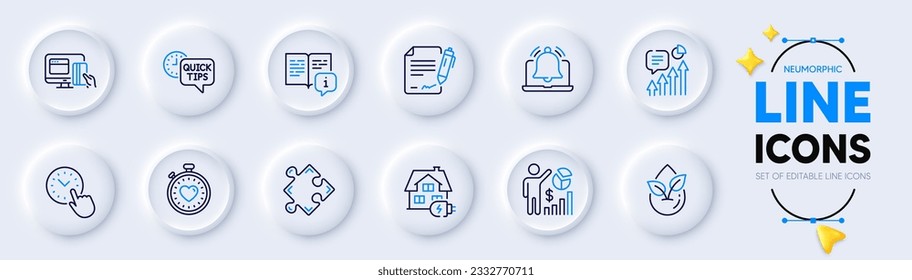 Online payment, Signing document and Manual line icons for web app. Pack of Seo statistics, Reminder, Kpi pictogram icons. Strategy, Quick tips, Time management signs. Organic product. Vector