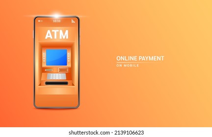 Online payment smartphone with online payment app. Secure mobile banking finance concept. On orange background vector. ATM money transfers financial transactions.