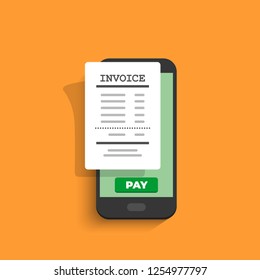 Online payment. Smartphone with electronic invoice for payment. Financial transaction. Vector illustration in flat style.