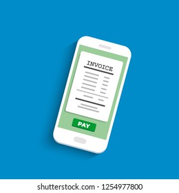 Online payment. Smartphone with electronic invoice for payment. Financial transaction. Vector illustration in flat style.