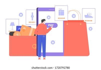 Online payment from a smartphone. A male character next to the phone and the Pay button, a wallet with bank cards and a shopping bag. Vector flat illustration.