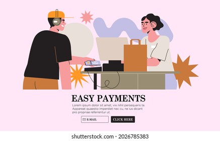 Online Payment With Smartphone Or Mobile Pay Concept. NFC Banner, Ui, Web Or Ad Illustration. Credit Card Or Contactless Payment. Seller With Pos-terminal. Customer Scanning QR Code.