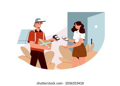 Online payment with smartphone or mobile pay concept. Customer girl paying by phone, scanning QR code. Seller hold cashless payment machine, pos-terminal. Contactless payments for purchases via nfc.