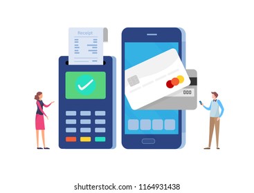 Online payment with smartphone. Paid by credit card. Flat cartoon miniature  illustration vector graphic on white background.
