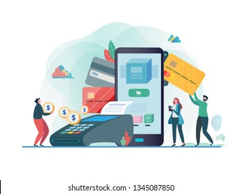 Online payment with smartphone. Paid by credit card. Shopping on line. Flat vector illustration modern character design. For a landing page, banner, flyer, poster, web page.