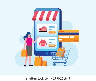 Online payment with smartphone. Pay by phone concept. Easy shopping. Website illustration vector template 