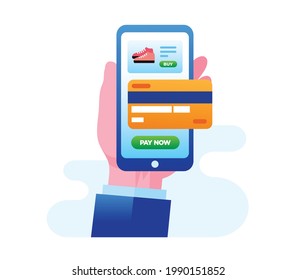 Online payment with smartphone. Pay by phone concept. Easy shopping. Website illustration vector template 