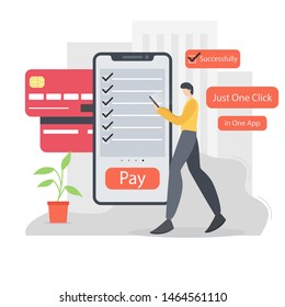 online payment, 
someone pays bills using his cellphone online. one click app, illustration vector