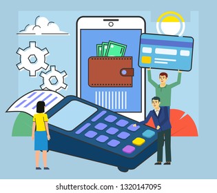 Online payment system concept. People stand near POS terminal, smartphone. Poster for web page, presentation, social media, banner. Flat design vector illustration