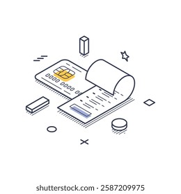 Online payment system featuring a credit card and a bill. Various geometric shapes surround the elements, emphasizing the digital payment concept. Vector line art icon illustration