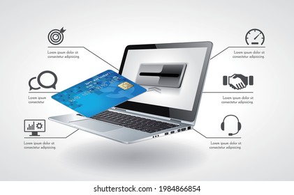 Online payment system - laptop with credit card as automated teller machine ATM