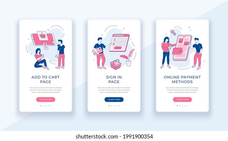 Online payment system. Male and female characters pay for purchases through app. Digital credit card linked personal web account. Online transactions and services. Vector mobile banner linear flat