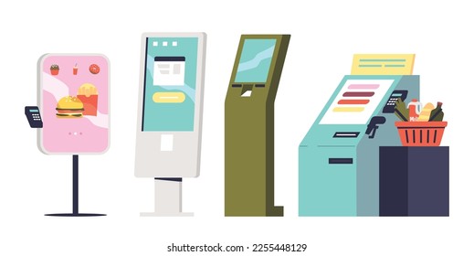 Online payment systems and self-service terminals set. NFC payments, pay desk in supermarket with digital touch screen, interactive kiosk concept. Vector illustration