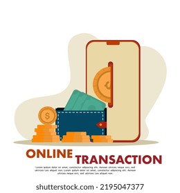 online payment transaction concept. Internet payment, money transfer protection, online bank. Screen gadgets, dollar bills and coins, wallets, checks. Use for banners, mobile apps, landing pages.