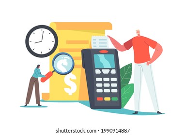 Online Payment Transaction, Pay History Concept. Man Buyer Character take Bill at Huge Pos Terminal in Supermarket. Purchases in Internet with Mobile Phone Report. Cartoon People Vector Illustration