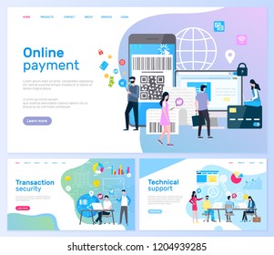 Online-Seiten zur Bezahlung und Transaktionssicherheit mit Textstichvektor. Smartphone mit Barcode und Shopping , Menschen mit der Welt. Bankinstitut
