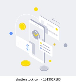 Online payment transaction with smartphone. Internet banking via credit card on mobile. Protection shopping wireless pay through smartphone. vector illustration