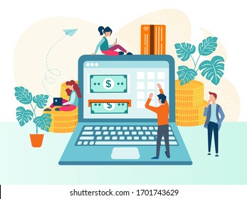 Online payment transaction through the Internet concept vector illustration. Money circulation in the network virtual space, electronic money, users of electronic gadgets make payments online 