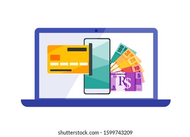 Online Payment or Transfer Brazilian Real Money via Internet using laptop, mobile phone, pc or computer. Online Banking vector illustration flat design. Payment and finance element.  