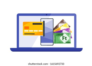 Online Payment or Transfer Hungarian Forint Money via Internet using laptop, mobile phone, pc or computer. Online Banking vector illustration flat design. Payment and finance element.