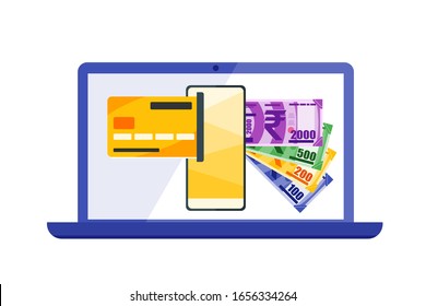 Online Payment or Transfer Indian Rupee Money via Internet using laptop, mobile phone, pc or computer. Online Banking vector illustration flat design. Payment and finance element.