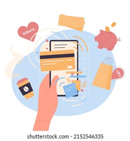 Online payment and transfer money. Cartoon hand of user holding phone with credit card on screen, using virtual wallet to buy, order purchases flat vector illustration. Finance, service concept