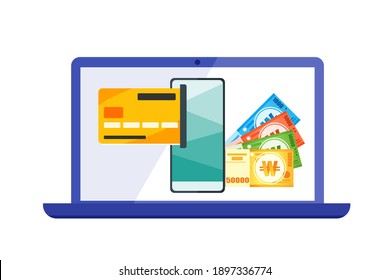 Online Payment or Transfer South Korean Won Money via Internet using Laptop, Mobile Phone, PC or Computer. Online Banking Vector Illustration Flat Design. South Korea Payment and Finance Element.