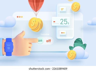Online payment. Transferring money from a mobile device. Mobile device with the interface of the payment system of money transfers. Vector illustration 3d style