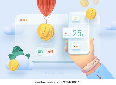 Online payment. Transferring money from a mobile device. Mobile device with the interface of the payment system of money transfers. Vector illustration 3d style