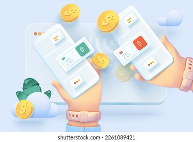 Online payment. Transferring money from a mobile device. Mobile device with the interface of the payment system of money transfers. Vector illustration 3d style