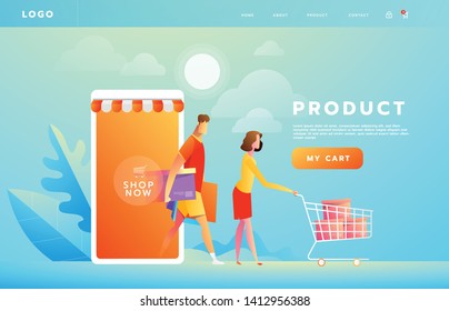 Online payment using application concept with couple shopping on smartphone. Purchases on internet. Commerce advertising illustration.
