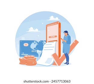 Online payment using a credit card. Woman transferring money using a mobile phone. Online Payment concept. Flat vector illustration.
