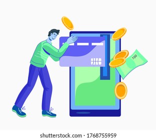 Online payment using mobile application  concept with man character withdrawing cash and paying with cell phone. Online credit card and account money transfer. Flat vector illustration isolated.