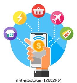 Online payment using mobile phone apps vector of social media illustration and design. Smartphone utility concept element. Can be used for web, mobile, and print. Suitable for infographic