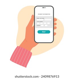 Online payment using phone with card information on screen. Mobile Payment. Vector
