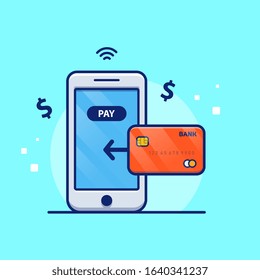 Online Payment Vector Icon Illustration. Mobile Phone With Debit Card. Technology Icon Concept White Isolated. Flat Cartoon Style Suitable for Web Landing Page, Banner, Flyer, Sticker, Card