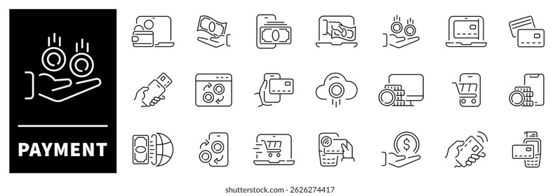 Online payment vector icons. Pay online icons collection. NFC, money, bitcoin, credit card, cash, online payment related thin line icon collection. Editable stroke 