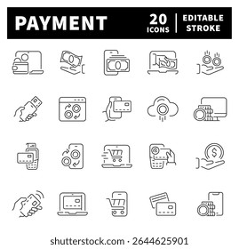 Vektorsymbole für Online-Zahlungen. Online Icons Sammlung bezahlen. NFC, Geld, Bitcoin, Kreditkarte, Bargeld, Online-Zahlung im Zusammenhang mit dünnen Linie Symbol Sammlung. Bearbeitbarer Strich 