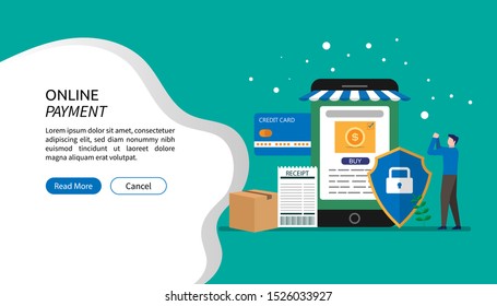 Online payment vector illustration concept, tiny people character in purchasing e-commerce on online shop, can use for landing page, template, ui, web, homepage, poster, banner, flyer, app
