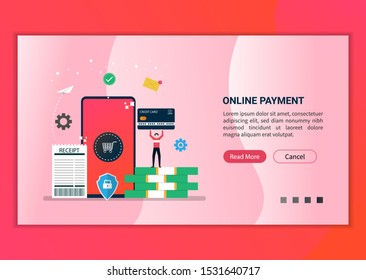 Online payment vector illustration concept, tiny people character in purchasing process from smartphone and credit card. can be used for landing page, template, ui, web, homepage, and app