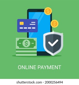 Concepto de ilustración vectorial de pago en línea en estilo plano. Dinero, teléfono, escudo, icono de tarjeta de crédito adecuado para muchos propósitos.