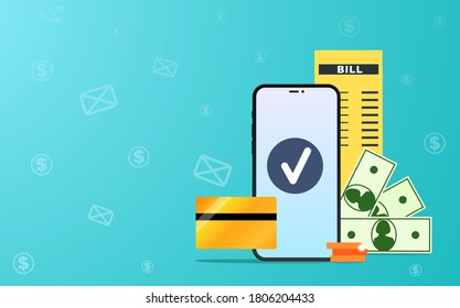 Pago en línea Ilustración vectorial con espacio de copia en diseño plano Smartphone, facturas, tarjeta de crédito de oro y símbolos de dinero en fondo degradado azul con patrón