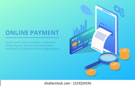 Online payment vector illustration for secure money transfer with smartphone. NFC pay or mobile web and ATM banking technology in smartphone with dollar coins, credit card and transaction receipt