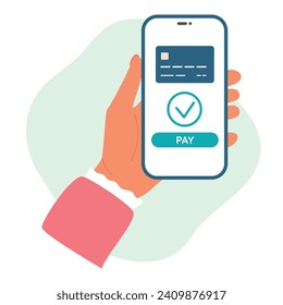 Online payment via credit or debit card. Female hand holds smartphone with approved payment. Vector
